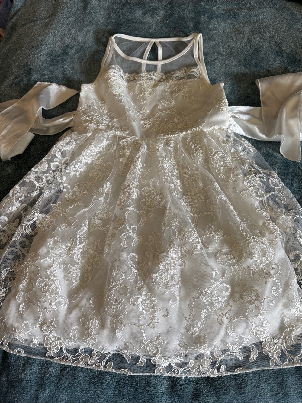 Crystal Doll White Lace Overlay Party Dress with Sheer Yoke